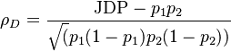 
\rho_{D} =  \frac{\mbox{JDP} - p_1 p_2}{\sqrt(p_1 (1 - p_1)  p_2 (1 - p_2))}
