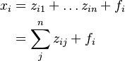 
\begin{align}
x_{i} & = z_{i1} + \ldots  z_{in} + f_i \\
      & = \sum_{j}^{n} z_{ij} + f_i
\end{align}
