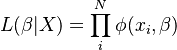 
L(\beta | X) = \prod_{i}^{N} \phi(x_i, \beta)
